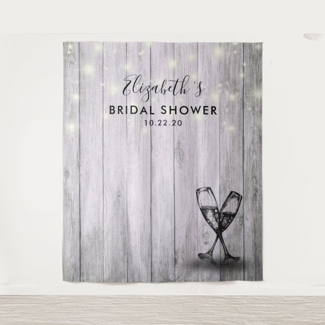 Bridal Shower Photo Backdrop Champagne Glass Wood Tapestry (Front)
