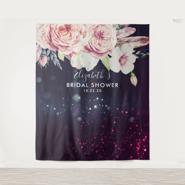 Bridal Shower Photo Backdrop Flowers Purple Lights Tapestry (Front)