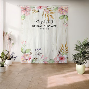 Bridal Shower Photo Backdrop Flowers Rustic Wood Tapestry
