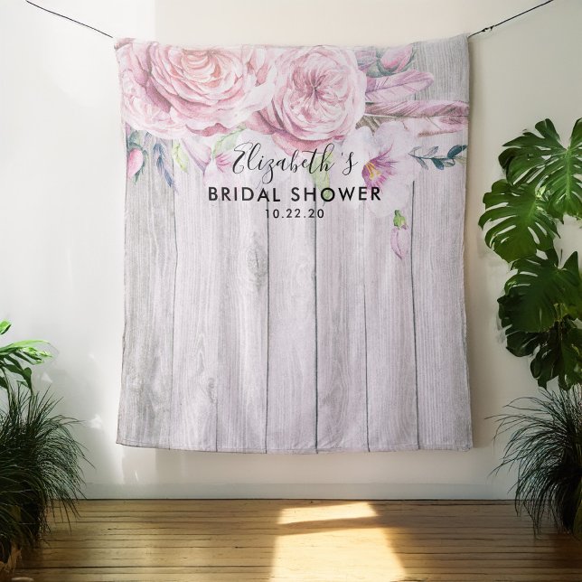 Bridal Shower Photo Backdrop Flowers Rustic Wood Tapestry (Creator Uploaded)