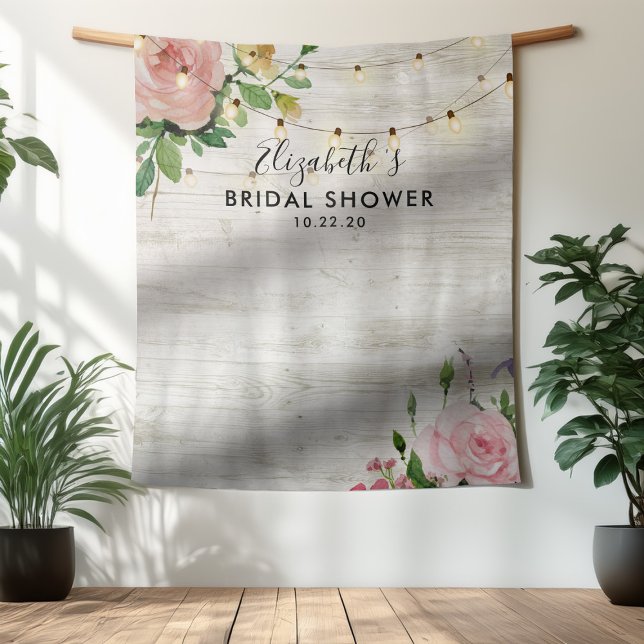 Bridal Shower Photo Backdrop Flowers Wood Lights Tapestry (Creator Uploaded)