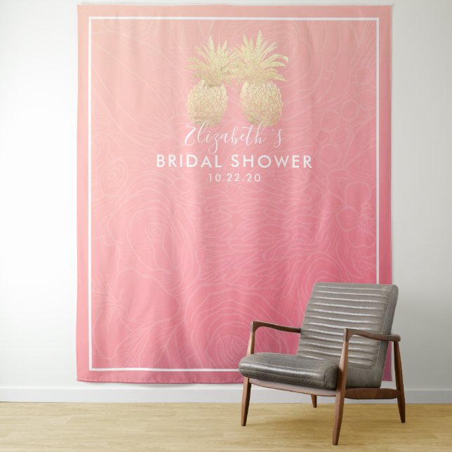 Bridal Shower Photo Backdrop Gold Pineapple Couple Tapestry (In Situ)