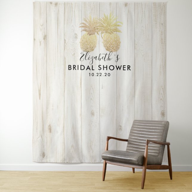 Bridal Shower Photo Backdrop Gold Pineapple Couple Tapestry (In Situ)