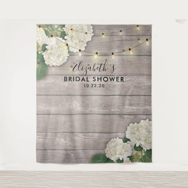 Bridal Shower Photo Backdrop Hydrangea Lights wood Tapestry (Front)