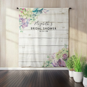 Bridal Shower Photo Backdrop Succulent Rustic Wood Tapestry