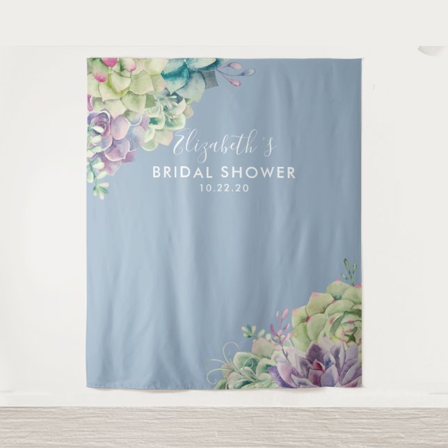 Bridal Shower Photo Backdrop Watercolor Succulents Tapestry (Front)