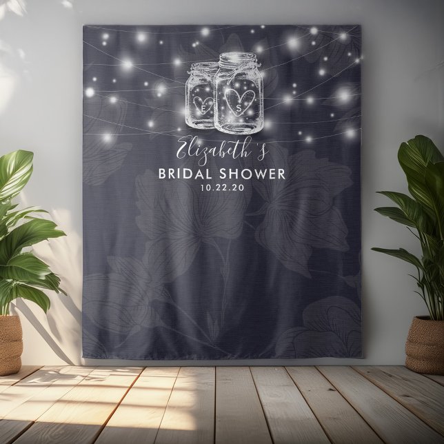 Bridal Shower Photo Backdrop Wood Mason Jar Lights Tapestry (Creator Uploaded)
