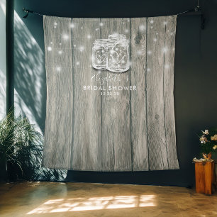 Bridal Shower Photo Backdrop Wood Mason Jar Lights Tapestry