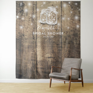 Bridal Shower Photo Backdrop Wood Mason Jar Lights Tapestry