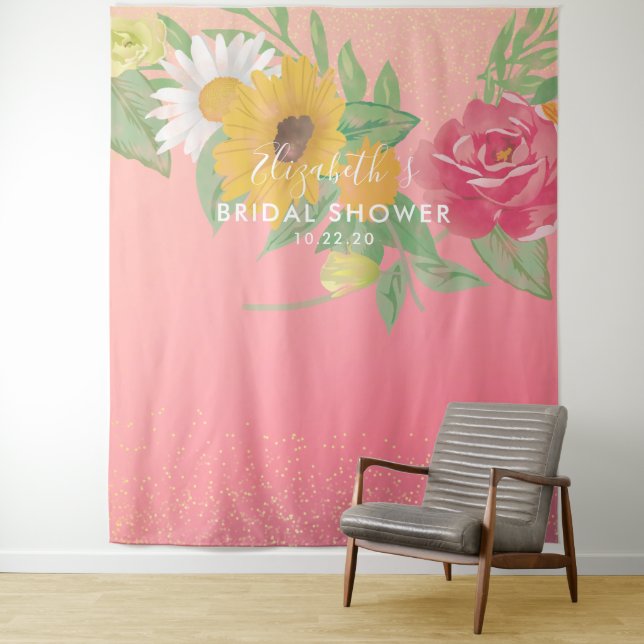 Bridal Shower Photo Booth Backdrop Pink Flowers Tapestry (In Situ)