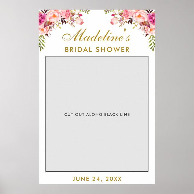 Bridal Shower Photo Booth Prop | Pink Floral Gold Poster (Front)