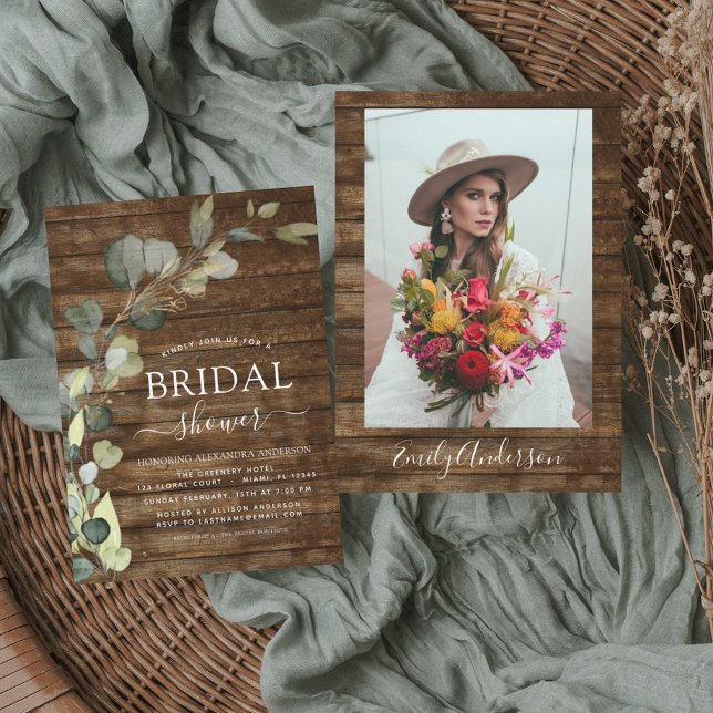 Bridal Shower Photo Eucalyptus Rustic Wood Invitation (Creator Uploaded)