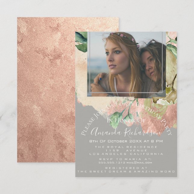 Bridal Shower Photo Floral Birthday Grey Peach Invitation (Front/Back)