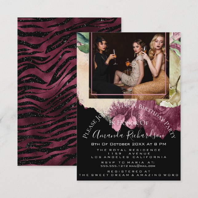 Bridal Shower Photo  Floral Birthday Marsala Black Invitation (Front/Back)