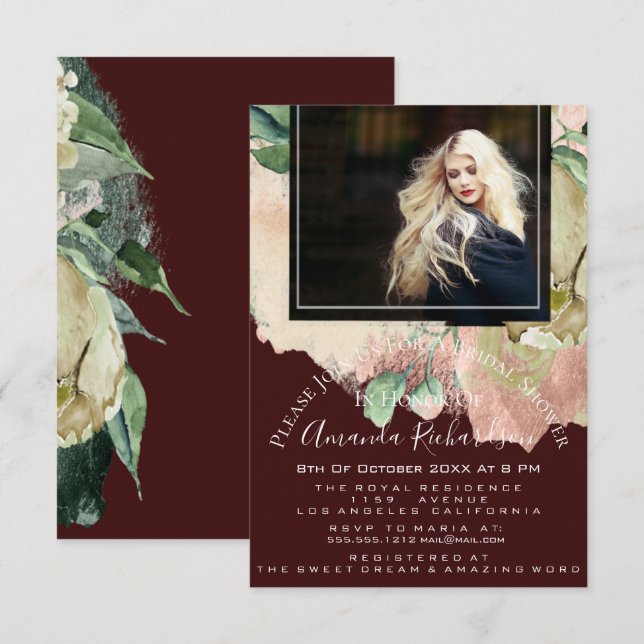 Bridal Shower Photo Floral Graduation Burgundy Invitation (Front/Back)