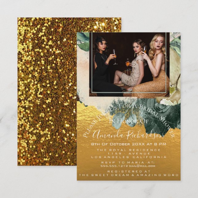 Bridal Shower Photo Maroon Floral Birthday Gold Invitation (Front/Back)