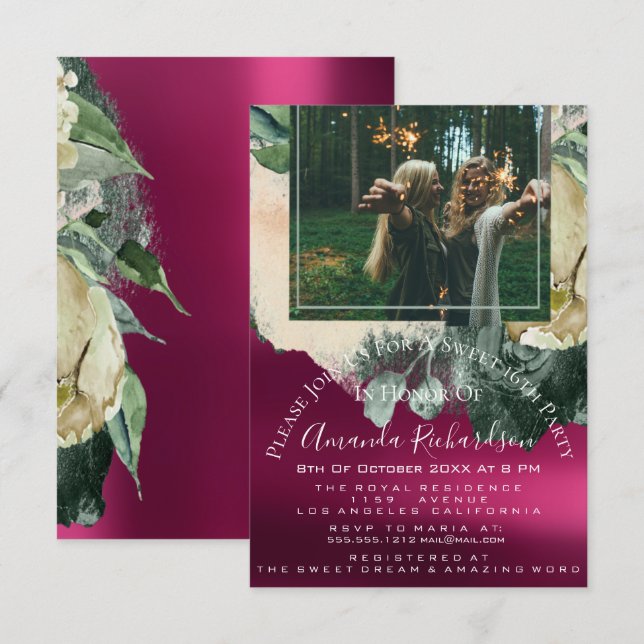 Bridal Shower Photo Maroon Floral Birthday MARSALA Invitation (Front/Back)