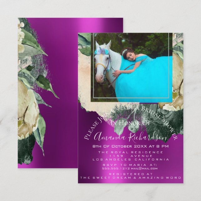 Bridal Shower Photo Pink Floral Birthday Unicorn Invitation (Front/Back)