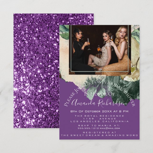 Bridal Shower Photo Purple Floral Birthday Girls Invitation (Front/Back)