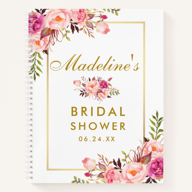Bridal Shower Pink Blush Floral Gold Gift List Notebook (Front)