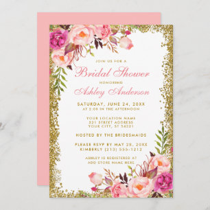 Bridal Shower Pink Blush Floral Gold Glitter Invitation