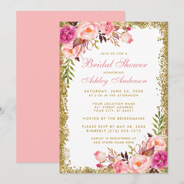 Bridal Shower Pink Blush Floral Gold Glitter Invitation (Front/Back)
