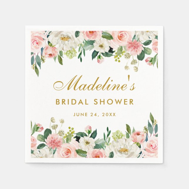 Bridal Shower Pink Blush Floral Gold Napkin (Front)