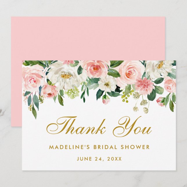 Bridal Shower Pink Blush Floral Gold Thanks P Invitation (Front/Back)