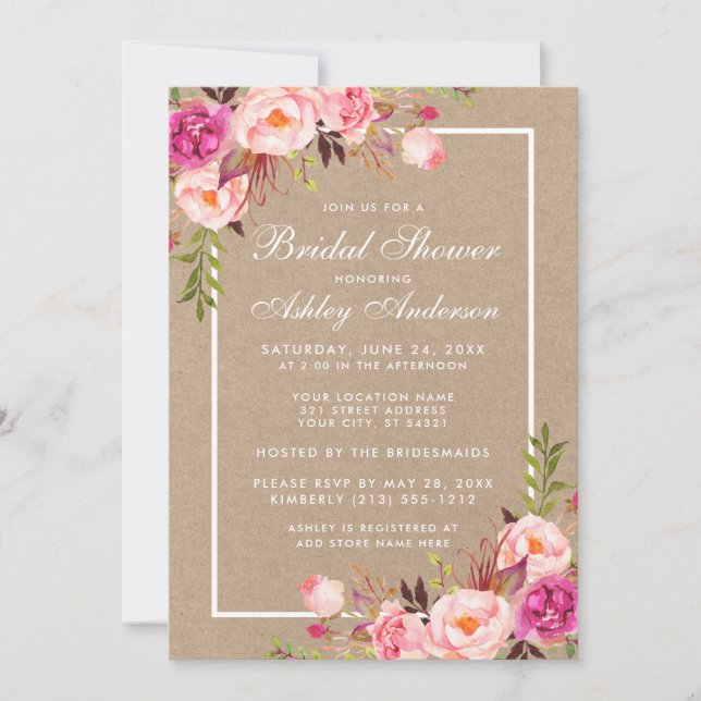 Bridal Shower Pink Blush Floral Kraft Invitation (Front)