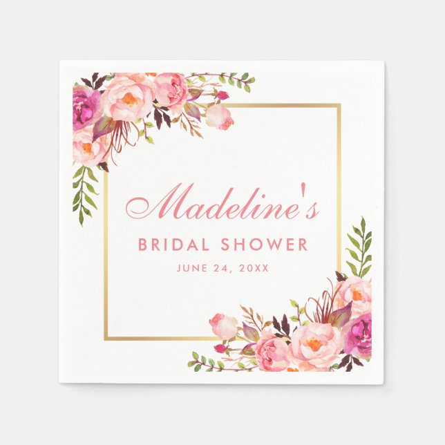 Bridal Shower Pink Blush Gold Frame Floral Napkin (Front)