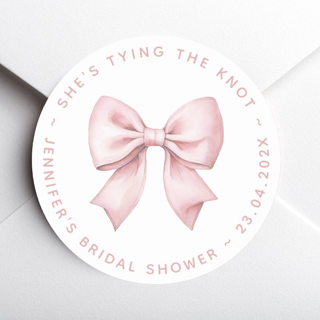 Bridal Shower Pink Bow She's Tying the Knot  Classic Round Sticker (Creator Uploaded)