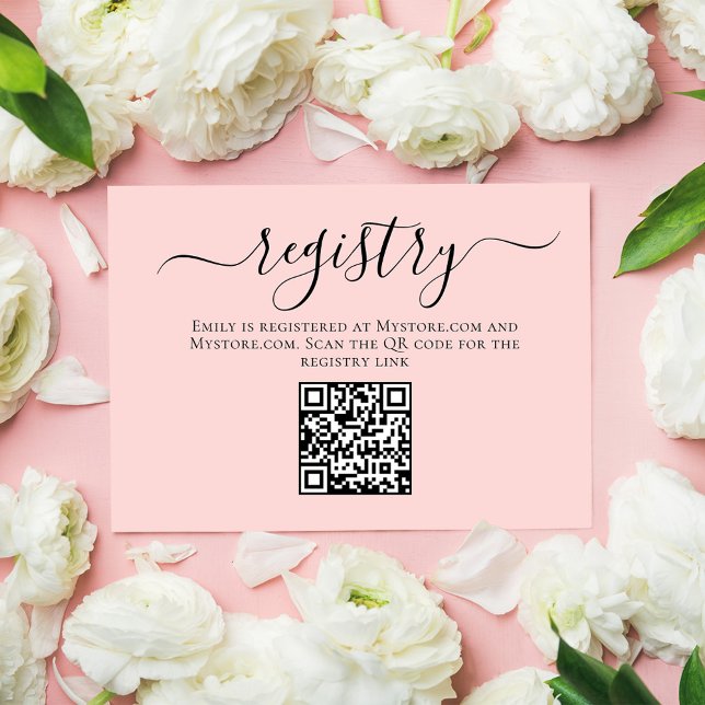 Bridal Shower Pink Calligraphy Script Registry Enclosure Card (Bridal shower enclosure card gift registry with scannable QR code. )