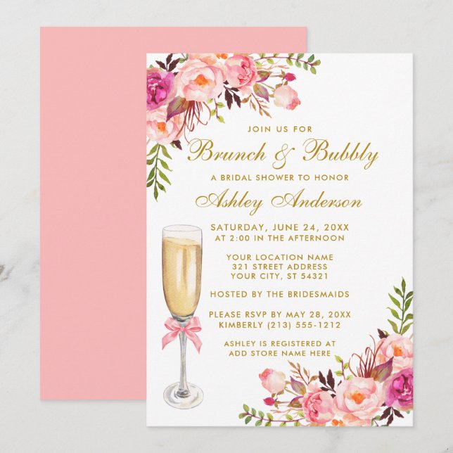 Bridal Shower Pink Floral Brunch Bubbly Gold Invitation (Front/Back)