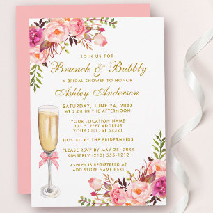 Bridal Shower Pink Floral Brunch Bubbly Gold Invitation