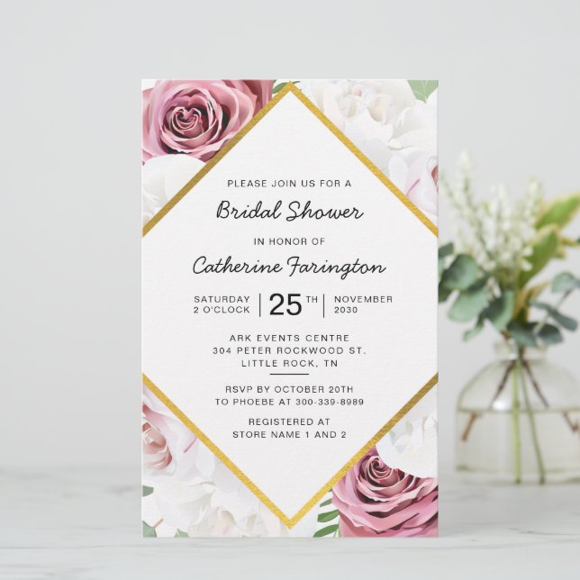 Bridal Shower Pink Floral Gold Frame Invitation Stationery (Standing Front)