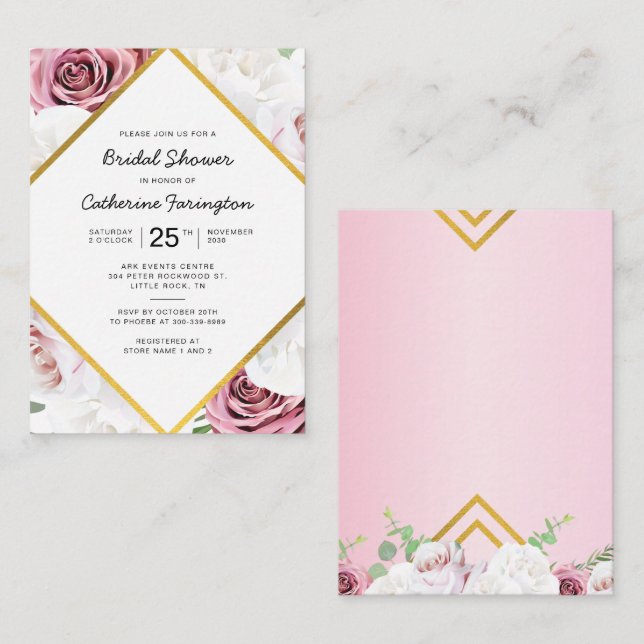 Bridal Shower Pink Floral Gold Geometric Frame Card (Front/Back)