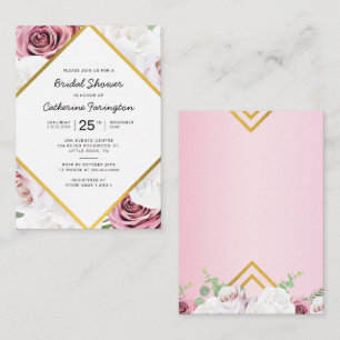 Bridal Shower Pink Floral Gold Geometric Frame Card