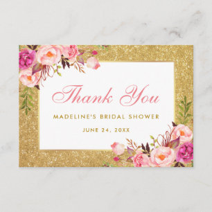 Bridal Shower Pink Floral Gold Glitter Thank You Card