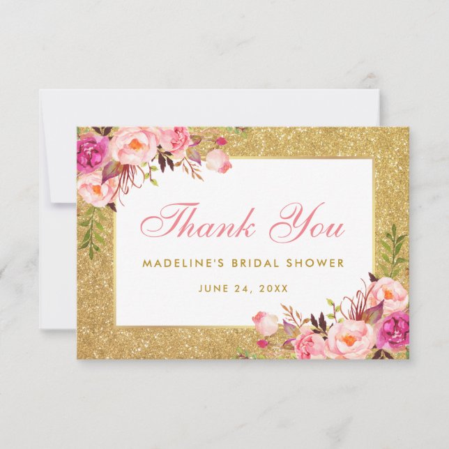 Bridal Shower Pink Floral Gold Glitter Thank You Card (Front)