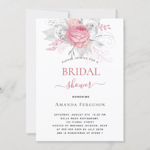 Bridal Shower pink florals elegant silver white Invitation