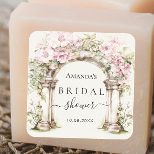 Bridal shower pink florals marble arch square sticker