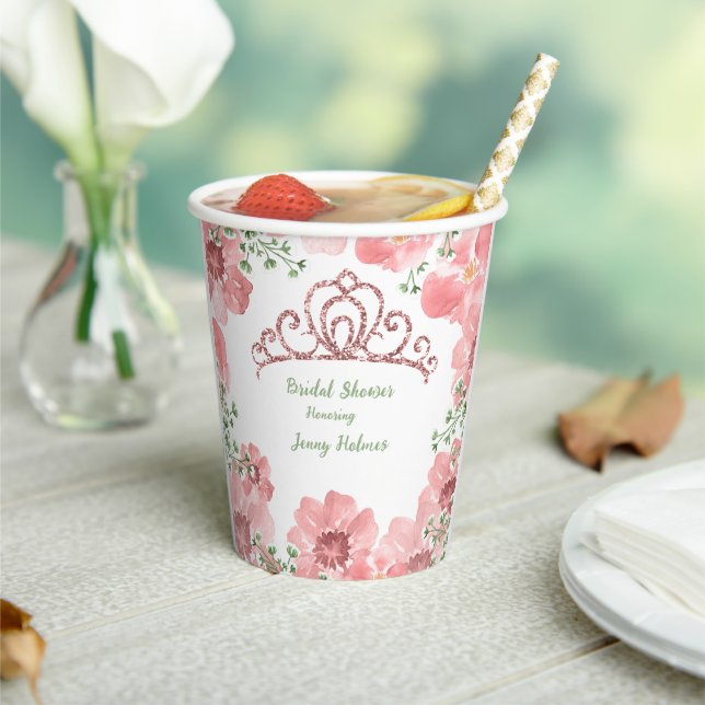 Bridal Shower Pink Glitter Crown Roses Greenery Paper Cups (Insitu)