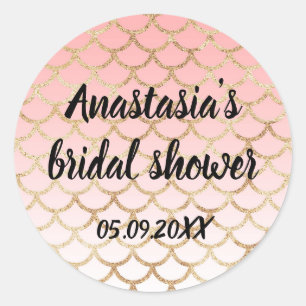 Bridal Shower Pink & Gold Mermaid Glitter Sparkles Classic Round Sticker