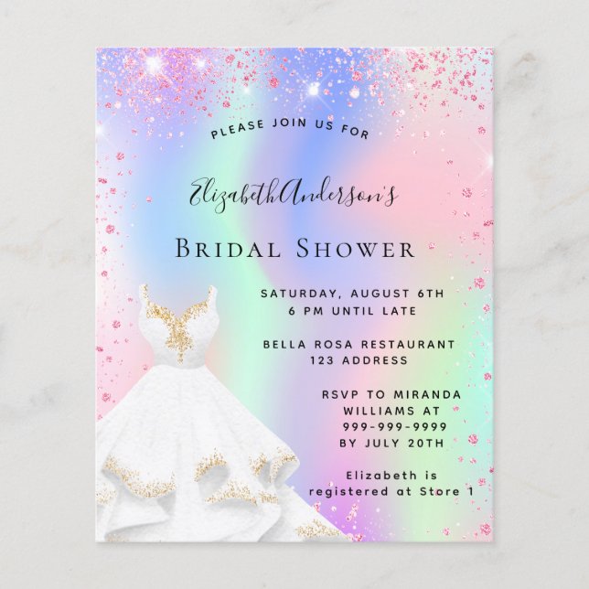 Bridal Shower pink holographic dress invitation (Front)