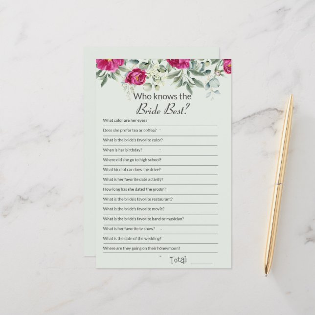 Bridal Shower Pink How well do you know Game (Front/Back In Situ)