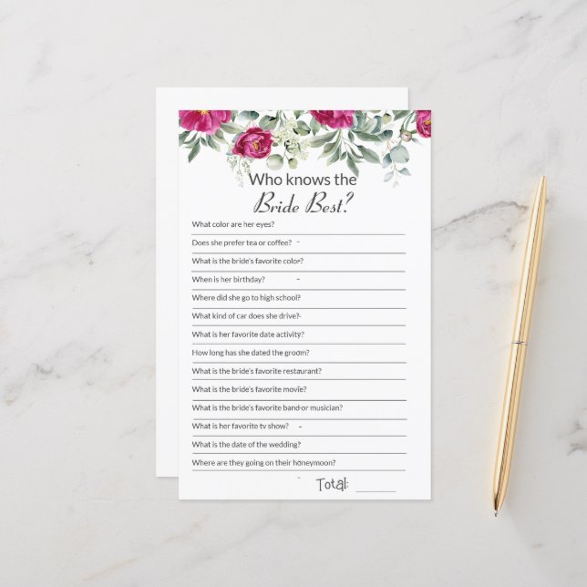 Bridal Shower Pink How well do you know Game (Front/Back In Situ)