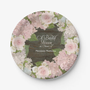 Bridal Shower Pink Hydrangea Roses Dark Wood Barn Paper Plate