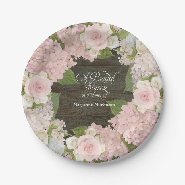 Bridal Shower Pink Hydrangea Roses Dark Wood Barn Paper Plate (Front)