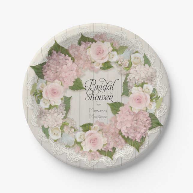 Bridal Shower Pink Hydrangea Roses Lace Wood Fence Paper Plate (Front)