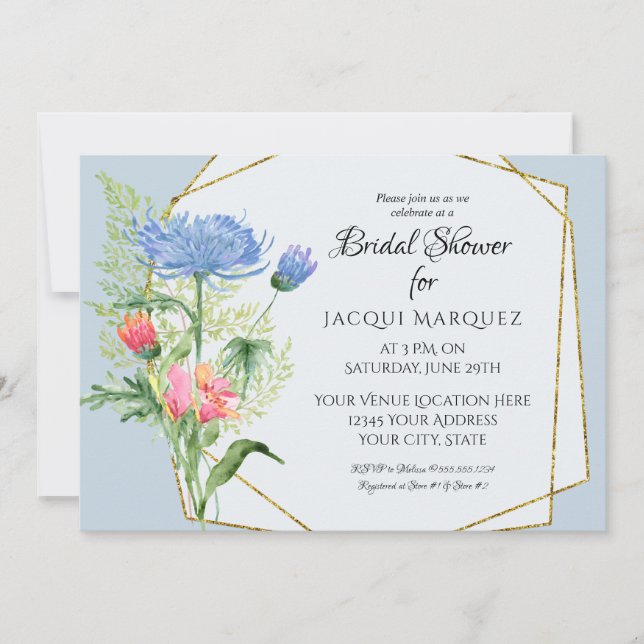 Bridal Shower Pink n Dusty Blue Ferns n Floral Art Invitation (Front)